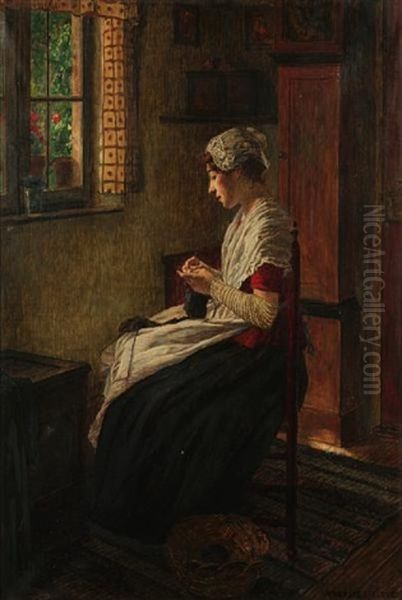 An Interior Scene With A Woman Seated By A Window Knitting Oil Painting by Walter Firle