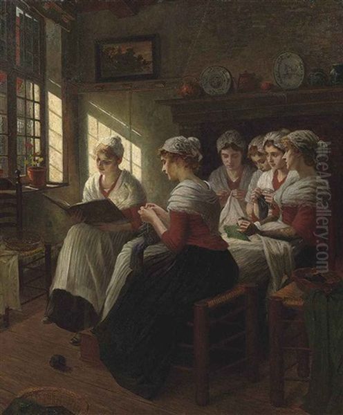 Girls Knitting In The Sunlight Oil Painting by Walter Firle