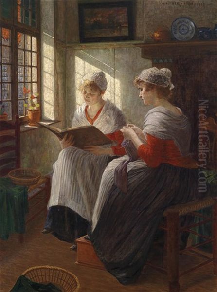 Zwei Madchen Am Fenster Oil Painting by Walter Firle