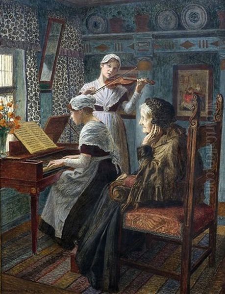 Das Standchen (eine Alte Dame Im Lehnstuhl Lauscht Dem Spiel Zweier Junger Madchen) Oil Painting by Walter Firle