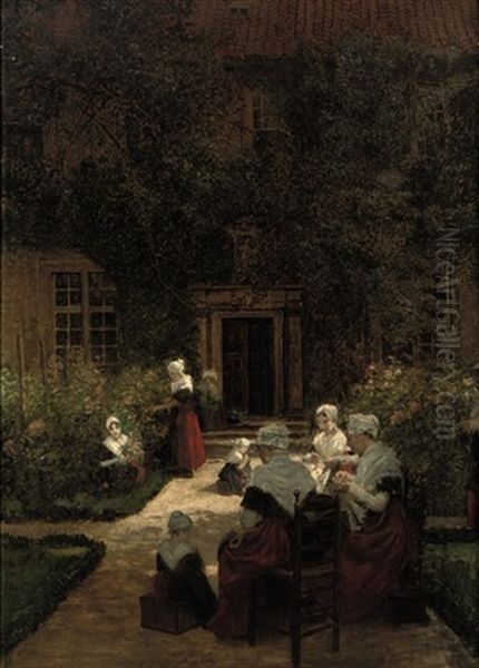 Amsterdam Orphan Girls In A Sunlit Garden Oil Painting by Walter Firle