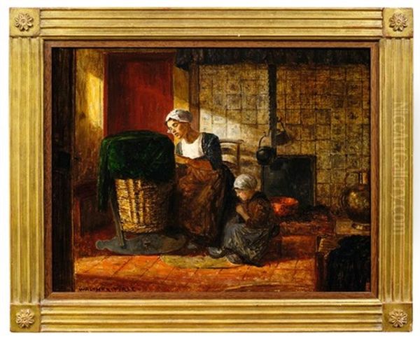 Kucheninterieur Mit Mutter Und Kind An Einer Wiege by Walter Firle