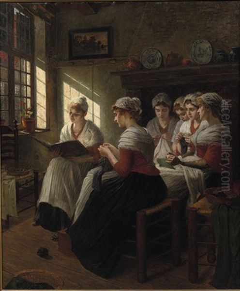 Girls Knitting In The Sunlight by Walter Firle