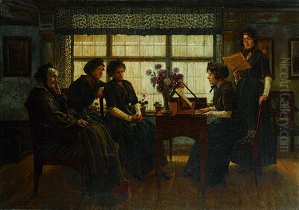 Das Hauskonzert. Eine Junge Sangerin Mit Einer Begleiterin Am Klavier Singt Vor Oil Painting by Walter Firle