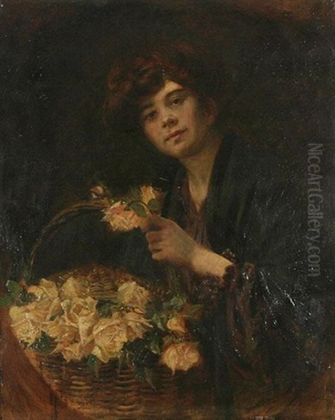 Dame Mit Blumenkorb - Brustbildnis Im Oval Oil Painting by Walter Firle