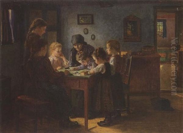 Eine Grosmutter Spielt Mit Ihren Enkelinnen In Der Stube Oil Painting by Walter Firle