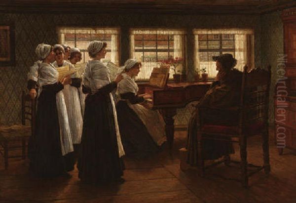 Die Schlesische Sangerin - Im Sessel Vor Dem Klavier Sitzend, Gibt Sie  Einer Gruppe Junger Madchen Gesangsunterricht Oil Painting by Walter Firle