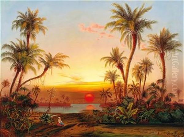 A Southern Landscape With Palms In The Evening Light Oil Painting by Joseph Firmenich