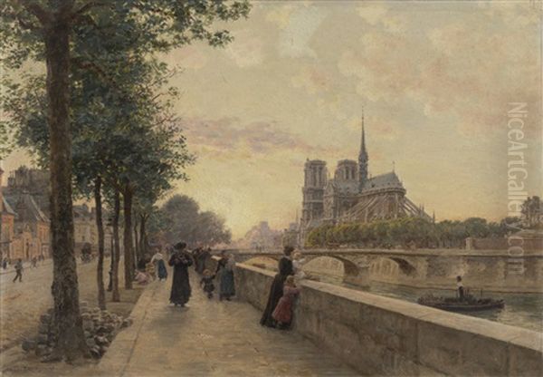 Le Quai De La Tournelle, Paris Oil Painting by Marie Francois Firmin-Girard