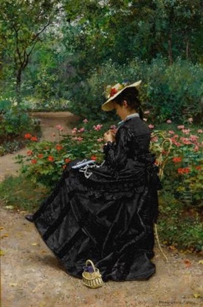 Woman Sewing In A Garden Oil Painting by Marie Francois Firmin-Girard