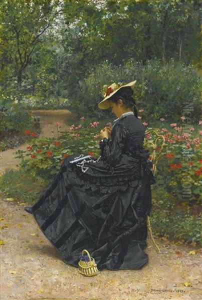 Woman Sewing In A Garden Oil Painting by Marie Francois Firmin-Girard