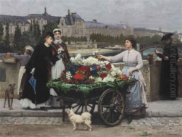 The Flower Seller On The Pont Royal With The Louvre Beyond, Paris Oil Painting by Marie Francois Firmin-Girard