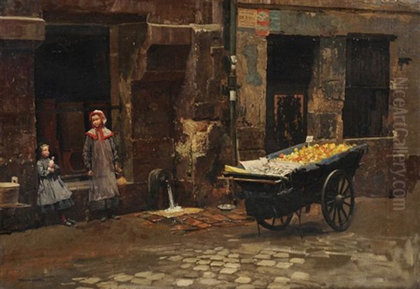 Strassenszene Mit Zwei Madchen Und Marktwagen Oil Painting by Marie Francois Firmin-Girard