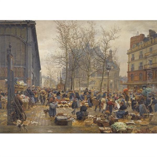 Autumn Market At Les Halles Oil Painting by Marie Francois Firmin-Girard