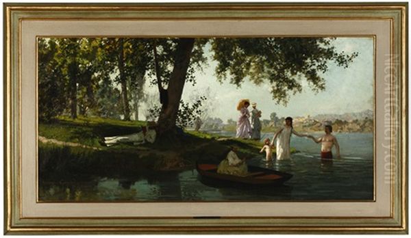 Figures In A Riverscape Oil Painting by Marie Francois Firmin-Girard