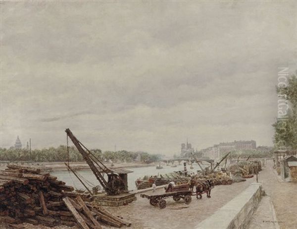 Activities On The Quay Of Ille St. Louis, Paris Oil Painting by Marie Francois Firmin-Girard