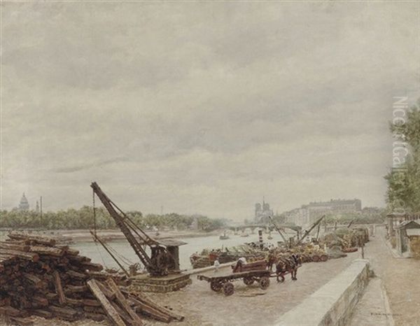 Activities On The Quay Of Ille St. Louis, Paris Oil Painting by Marie Francois Firmin-Girard