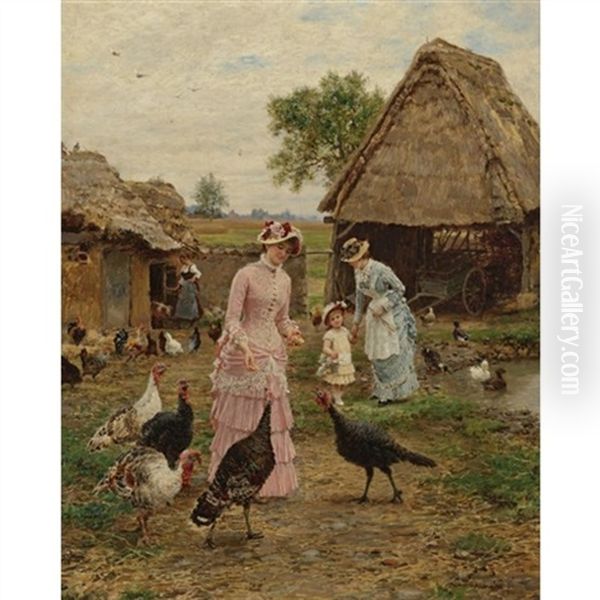 Feeding The Turkeys Oil Painting by Marie Francois Firmin-Girard