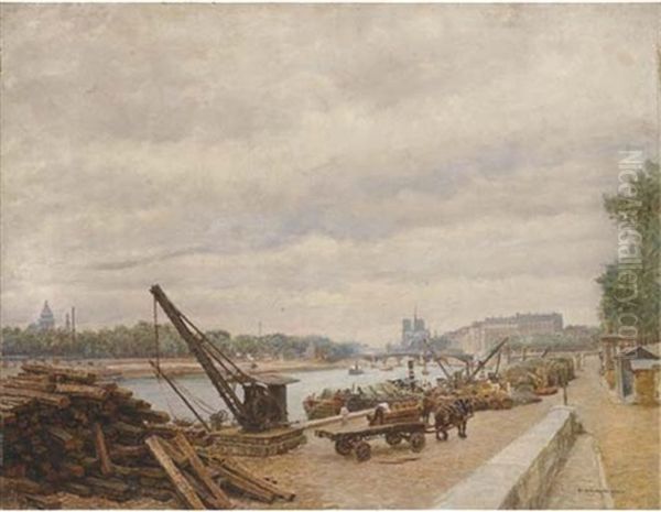 Paris, L'ile Saint Louis Vue Du Quai Henri Iv, Avec Notre-dame, La Tour Eiffel Et Le Pantheon Oil Painting by Marie Francois Firmin-Girard