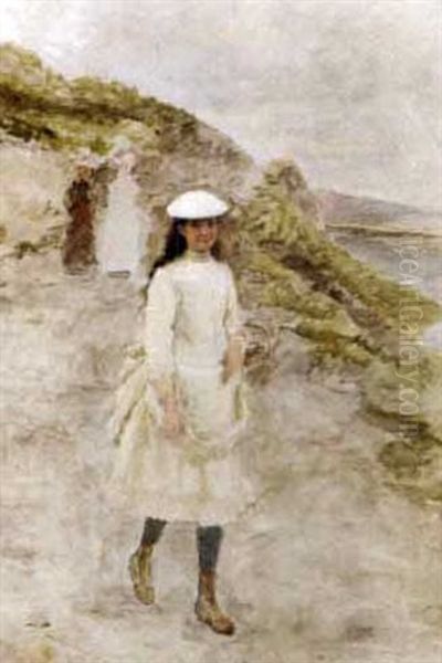 A Young Girl On A Coastal Path Oil Painting by Marie Francois Firmin-Girard