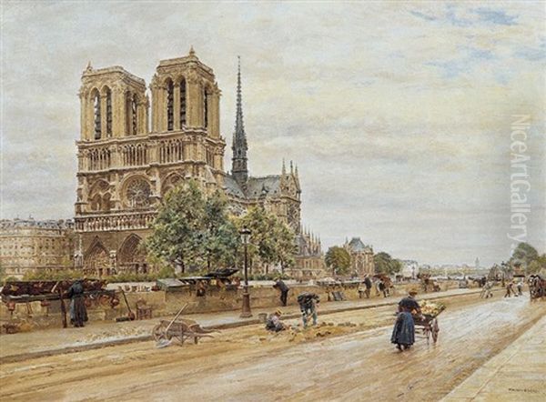 Notre Dame De Paris Et Marchande De Fleurs Oil Painting by Marie Francois Firmin-Girard