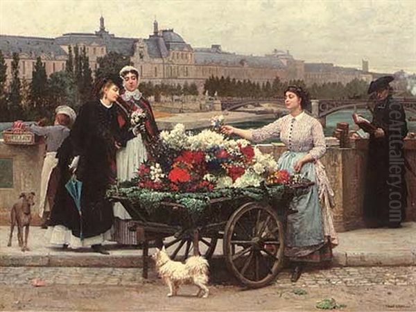 A Flower Seller On The Pont Royal With The Louvre Beyond, Paris Oil Painting by Marie Francois Firmin-Girard