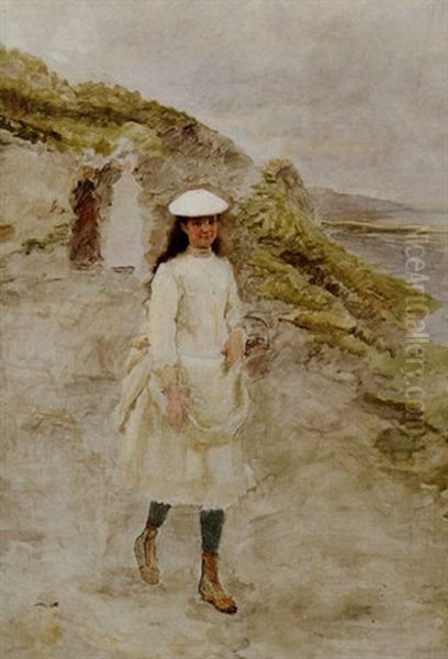 A Young Girl On A Coastal Path Oil Painting by Marie Francois Firmin-Girard