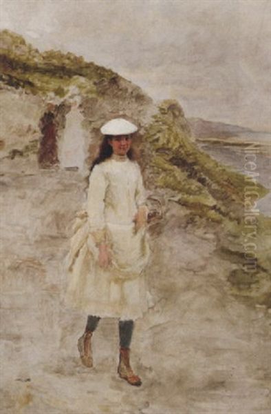 A Young Girl On A Coastal Path Oil Painting by Marie Francois Firmin-Girard