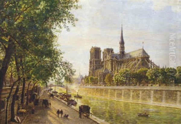 L'ile De La Cite And The Cathedral Of Notre Dame, Paris As Seen From Quai Montebello Oil Painting by Marie Francois Firmin-Girard