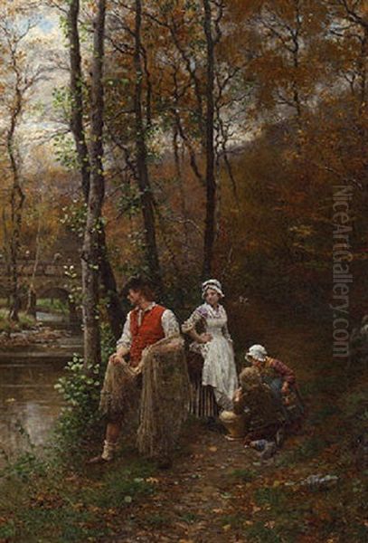 Fishing Along The Riverbank Oil Painting by Marie Francois Firmin-Girard