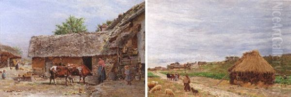 Cattle Feeding In The Farmyard Oil Painting by Marie Francois Firmin-Girard