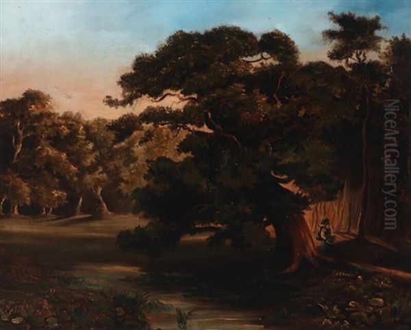 Forest Scenery With A Woman Collecting Firewood Oil Painting by Johann Fischbach