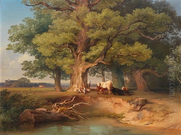 Landscape With Cows And Herders Oil Painting by Johann Fischbach