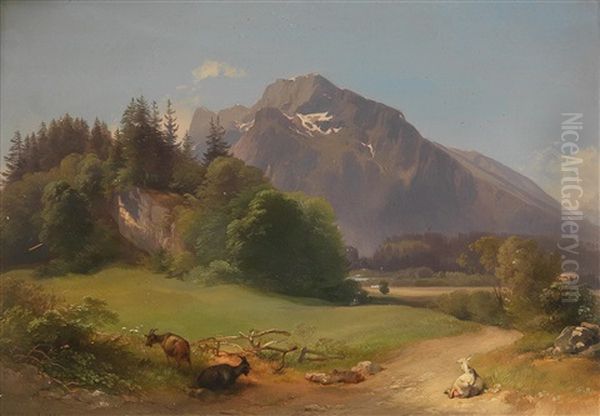 Mountain Landscape With Goats Oil Painting by Johann Fischbach