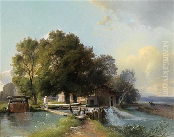 Scene By The Stream Oil Painting by Johann Fischbach