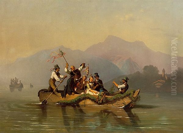 Uberfahrt Einer Hochzeitsgesellschaft Auf Dem Wolfgangsee, Im Hintergrund St. Gilgen Oil Painting by Johann Fischbach