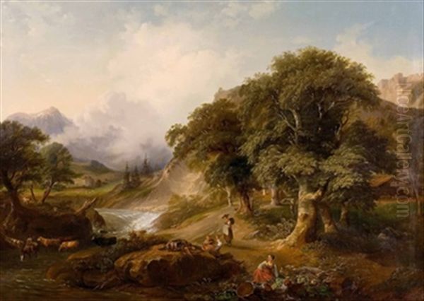 Romantische Landschaft Mit Staffage Oil Painting by Johann Fischbach