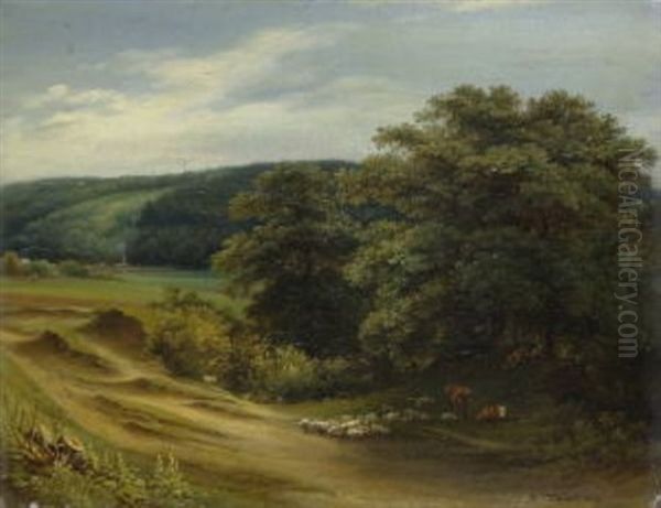 Hirten Mit Kuhen Und Schafen Am Waldrand Oil Painting by Johann Fischbach