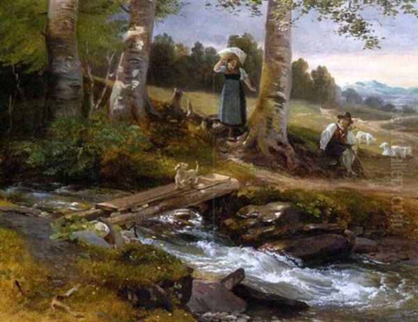 Hirte Und Magd Am Bach Oil Painting by Johann Fischbach