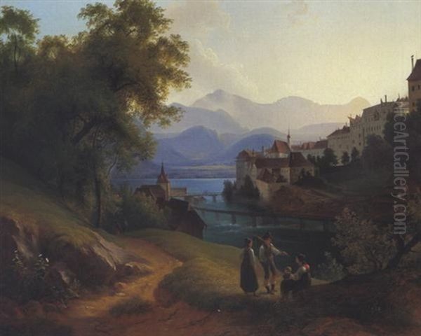 Ansicht Einer Stadt Am Flus In Den Voralpen Oil Painting by Johann Fischbach