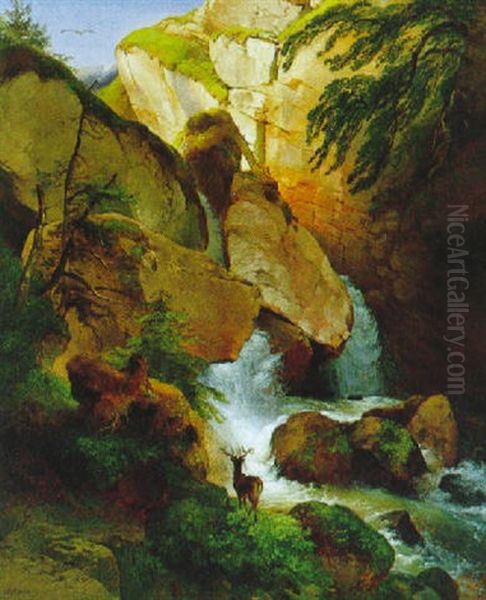 Landschaft Mit Wasserfall Und Hirsch Oil Painting by Johann Fischbach