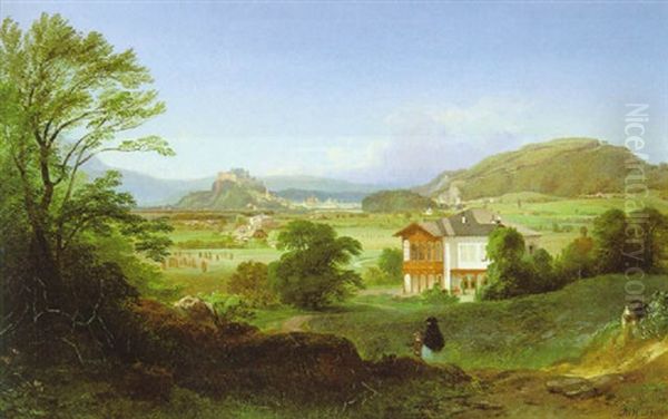 Salzburg Vom Kreuzberg Bei Aigen Oil Painting by Johann Fischbach