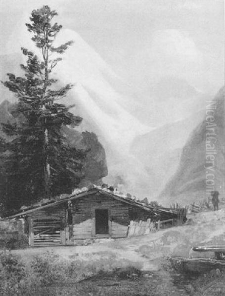 Almhutte Oil Painting by Johann Fischbach