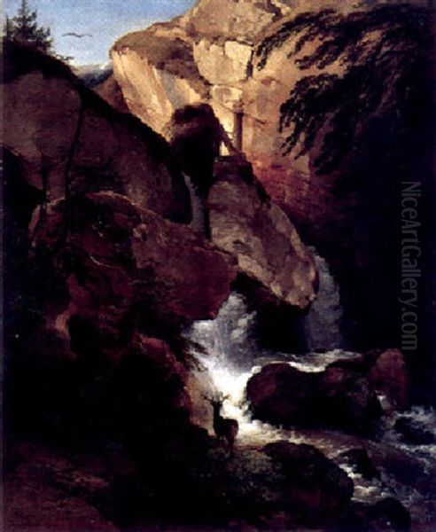 Salzburger Landschaft Mit Wasserfall Und Einem Hirschen Im Vordergrund Oil Painting by Johann Fischbach