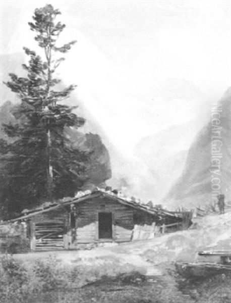 Almhutte Oil Painting by Johann Fischbach