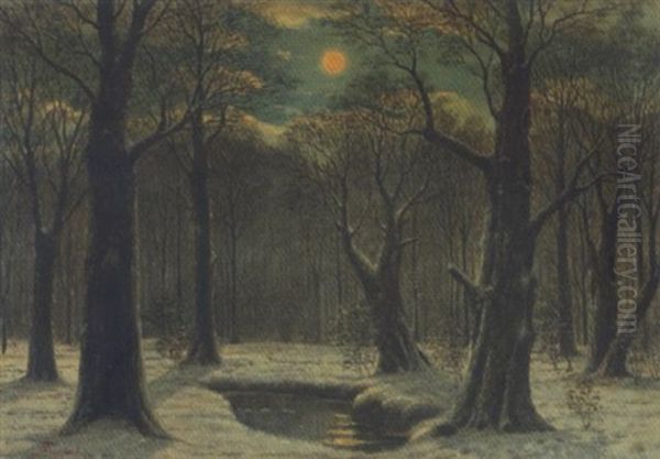 Vollmond Uber Dem Winterlichen Hasbruch Oil Painting by Ludwig Fischbeck