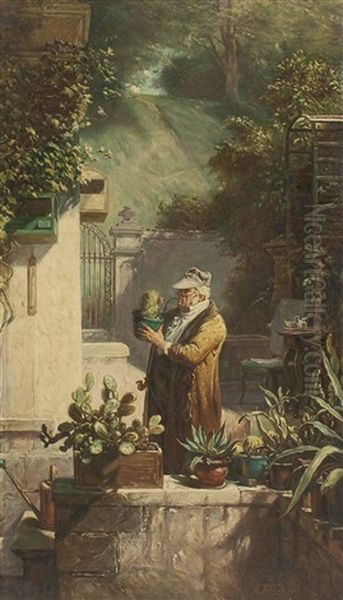 Der Kaktusfreund (after Spitzweg) Oil Painting by Arthur (Prof.) Fischer