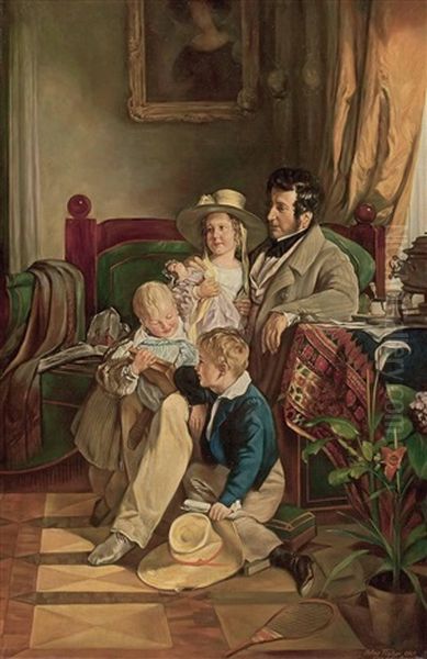 Portrait Des Rudolf Von Arthaber Und Seiner Kinder (after Amerling) Oil Painting by Arthur (Prof.) Fischer