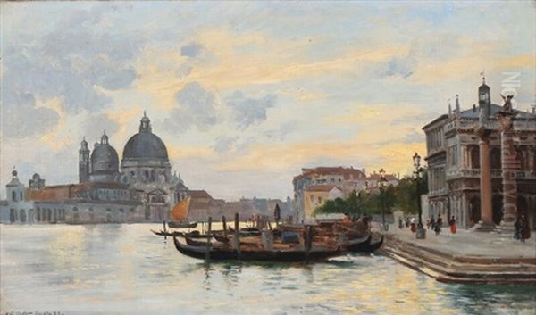 Gondolas Anchored Along Canal Grande In Venice Oil Painting by August Fischer