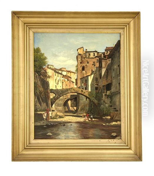 Wascherinnen Am Fluss Einer Italienischen Altstadt Oil Painting by August Fischer